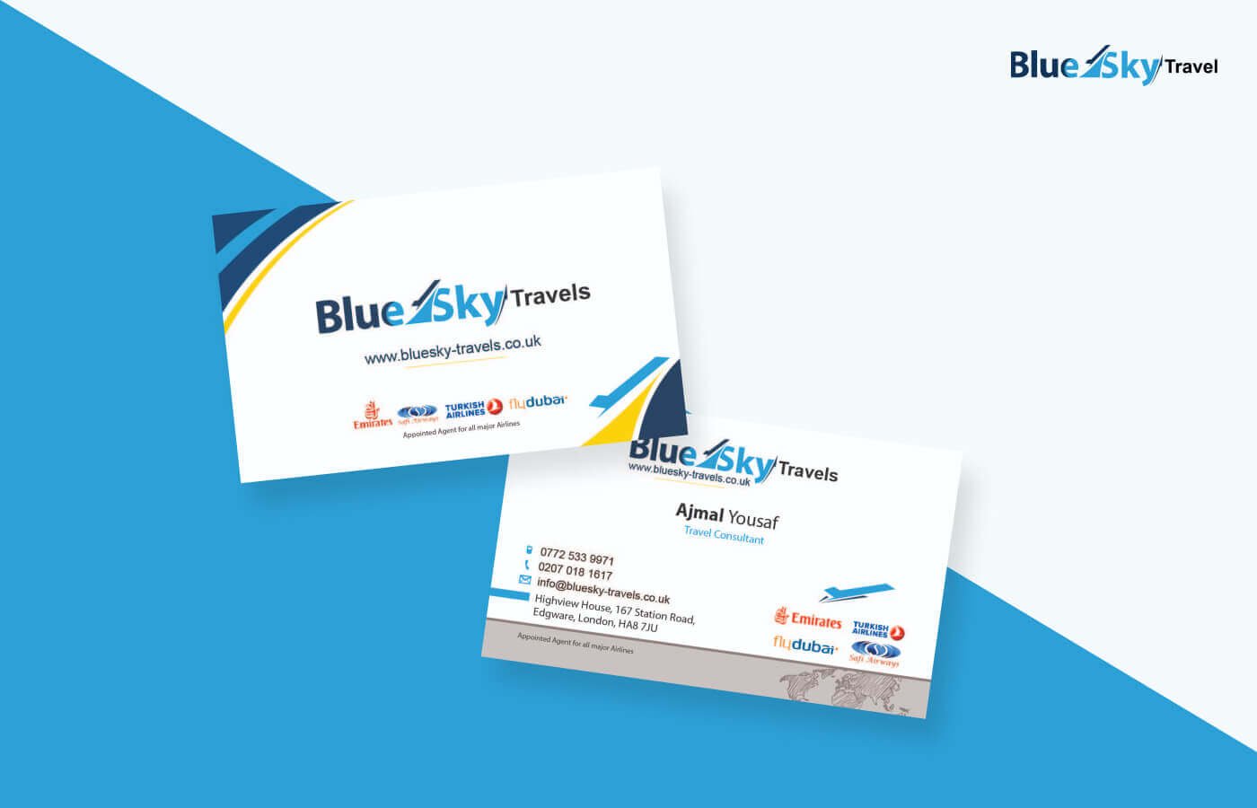 Business card for BlueSky Travels in United Kingdom